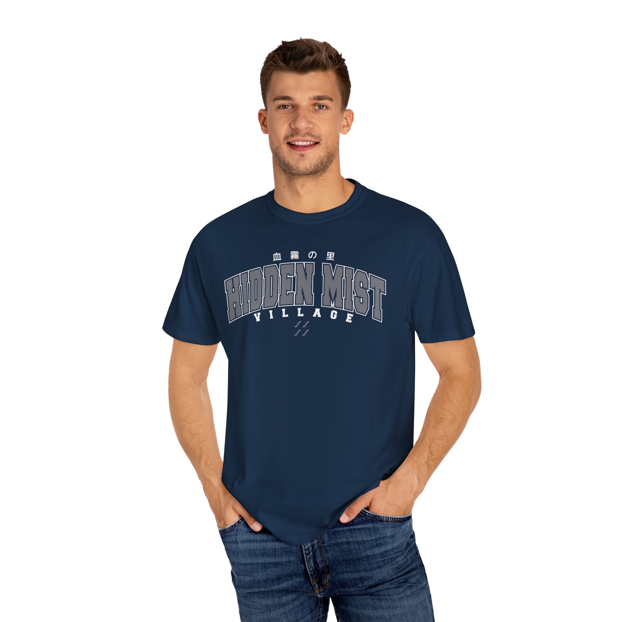 Hidden Mist Village | Naruto Inspired Collegiate Shirt | Unisex Garment-Dyed T-shirt