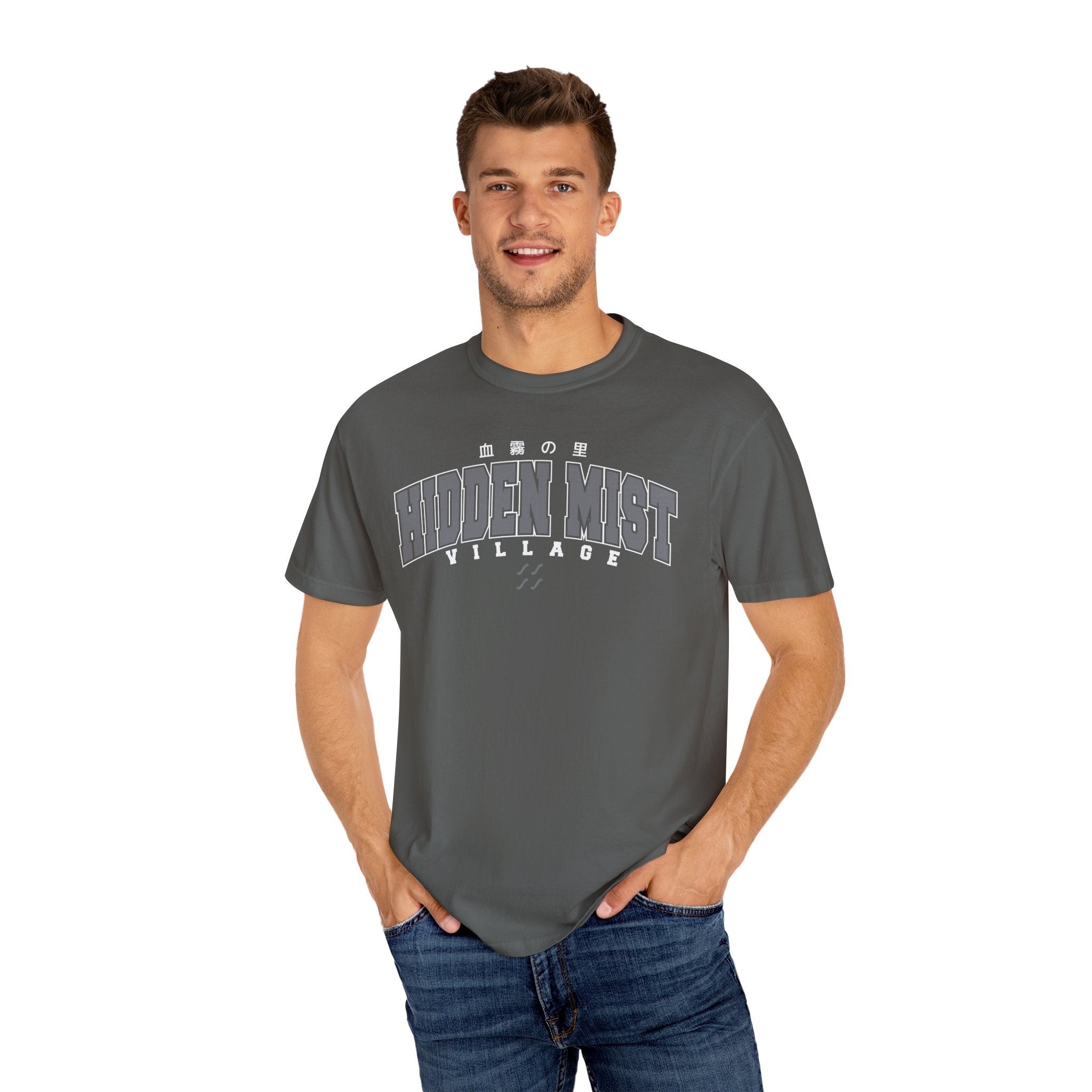 Hidden Mist Village | Naruto Inspired Collegiate Shirt | Unisex Garment-Dyed T-shirt