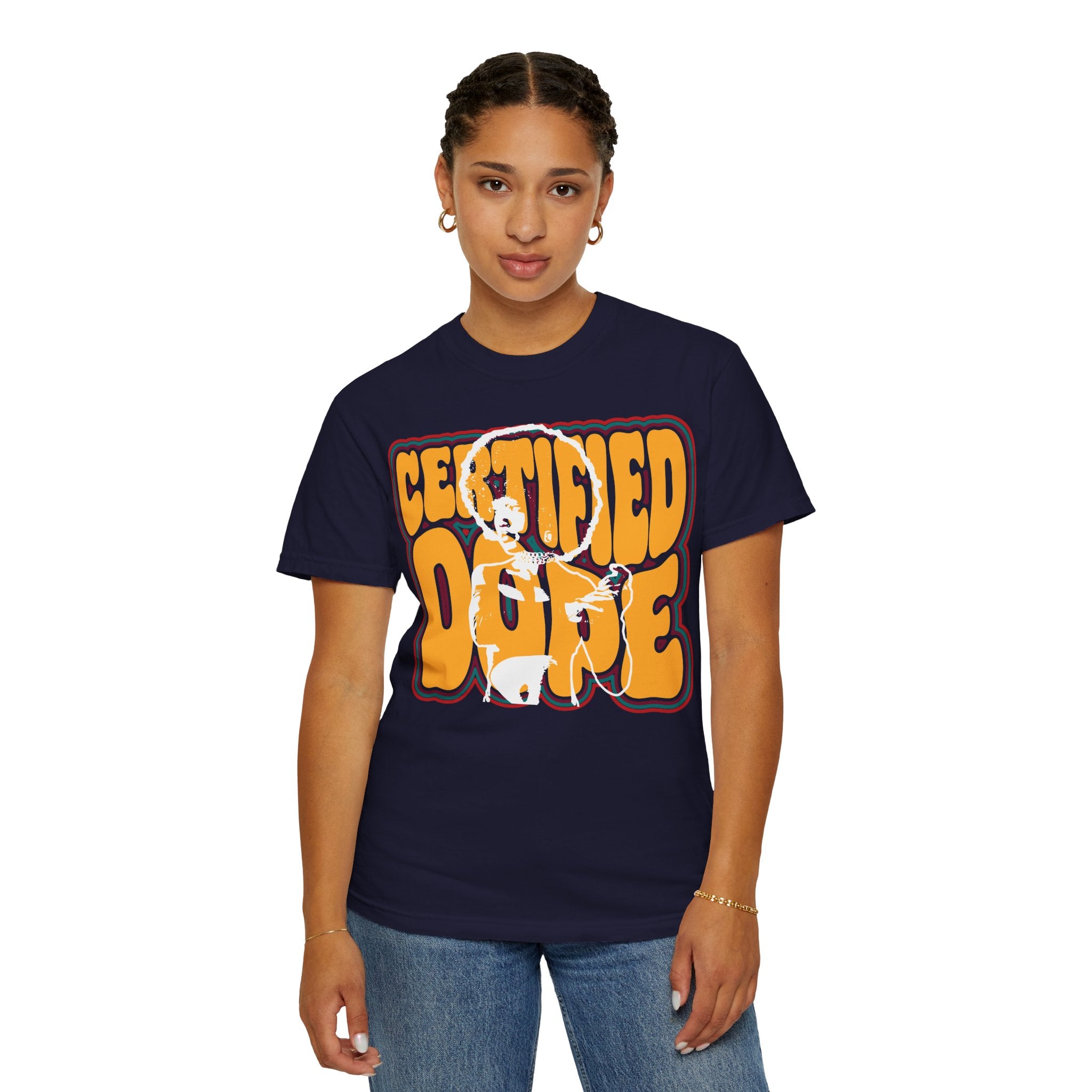 Person wearing a navy blue t-shirt with orange and white graphic design on a white background